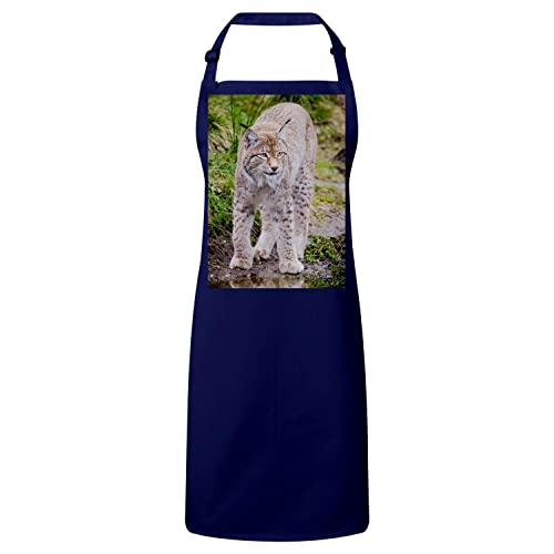 Tablier cuisine grand lynx bleu marine vêtement protection chef cuisinier motif animal