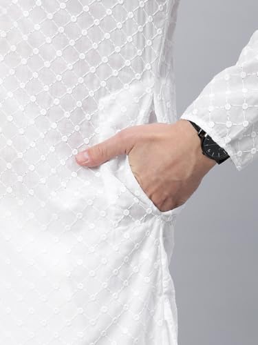 Image of Majestic Man Men's Cotton Blend Regular Fit Casual Polyester Mandarin Collar Ethnic Motifs Embroidered Long Regular Kurta