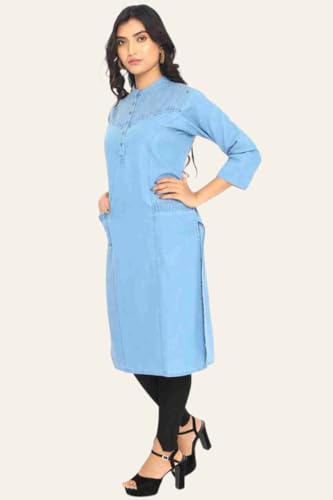 Image of Denim Kurta for Women Stylish | Women Kurtas | with 3 /4 Sleeves | Mandarin Neck | A-line Kurta