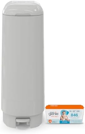 Diaper Genie Signature Pail Includes 1 Easy Roll Refill with 18 Bags | Holds Up to 846 Newborn-Sized Diapers Per Refill, Grey 1.0 Count