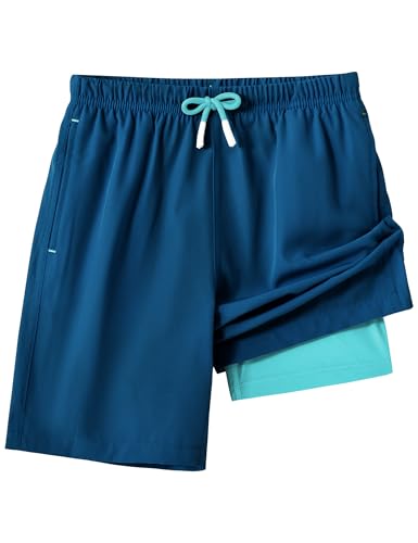 HFDWYJ Jungen Badeshorts Badehose Kinder Schnelltrocknend Boardshorts mit Elastisch Verstellbare Tunnelzug Jungen Boardshorts Schwimmhosen Jungen-Navyblau+Grün-5-6 Years