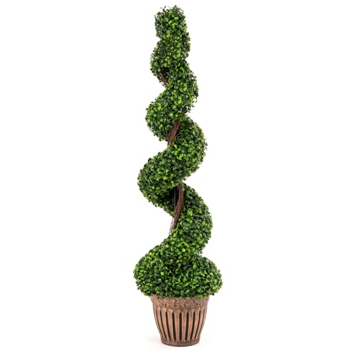 GOPLUS 4 Ft Artificial Boxwood Spiral Topiary Tree, Fake Greenery Plants, Leaves & Cement-Filled...