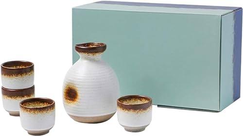 Sake Set, Traditional Japanese Sake Mug Set, Manual Ceramic Mugs, Handmade Sake Tool Set, 1 Sake Pot, 4 Sake Cups (White A)