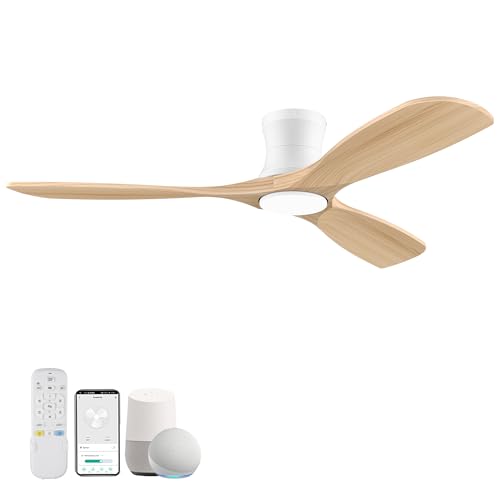 Image of Livory Smart 52” Wood Flush Mount Ceiling Fans with Lights and Remote,Quiet DC Motor,Outdoor Indoor Ultra Low Profile Ceiling Fan works with Alexa WIFI APP,Modern White Ceiling Fan for Bedroom Patio