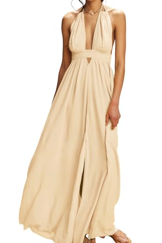 Image of R.Vivimos Boho Maxi Dresses for Women 2026 Summer Sleeveless Halter Elastic Waist Sexy Backless Front Slit Flowy Long Dresses