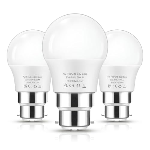 Flaspar Bayonet Light Bulb 60W, 7W B22 LED Bulbs Bayonet Cap Warm White 3000K, G45 P45 Energy Saving Golf Ball Lightbulbs, Non-dimmable, 3 Pack
