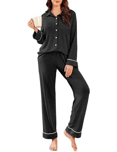 Ekouaer Womens Pajama Sets Long Sleeve Ribbed Knit Lounge Set Button Down Soft 2 Piece Pjs With Pockets