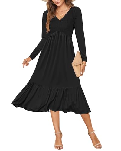 AUSELILY Women's Fall Empire Waist Dress 2025 Smocked Flutter Long Sleeve V Neck Flowy Tiered Midi Long Dresses, Black L