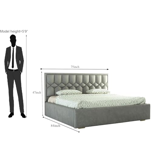 Image of Premium King Size Upholstered Bed with Padded Headboard | Platform Bed for Master Bedroom, Comfortable Back Support & Elegant Bedroom Furniture | Strong & Durable Solid Wood Frame | Grey