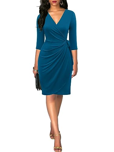 Image of Berydress Women's 3 /4 Sleeve V Neck Casual Party Work Faux Black Wrap Dress