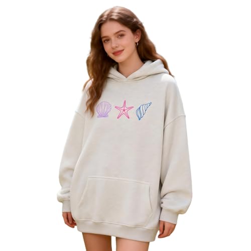 jnospne Cute Embroidered Hoodies for Teen Girls Women Y2k Graphic Oversized Sweatshirt Long Sleeve Aesthetic Preppy Clothes Beige