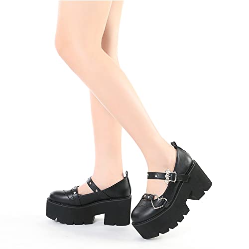 Tscoyuki Women's Platform Ankle Strap Chunky Heels Pumps, Cute Mary Jane Wedges Gothic Shoes3