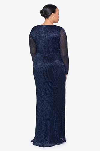 Betsy & Adam Women's Plus Size Sheer Sleeve V-Neck Galaxy Side Ruffle Long Dress3