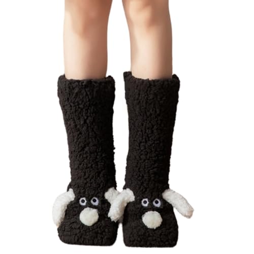 Señoras Orejas de Perro Cachorro Calcetines Dormir Calcetines de Invierno Inicio Calcetines de Maternidad Calentadores de Piernas Zapatillas Calcetines con No Malos Grippers Suave Polar, negro