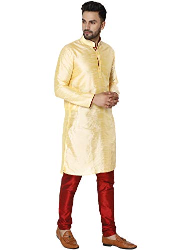 Image of SKAVIJ Men's Art Silk Contrast Kurta Pyjama Set Woven Design 2-Piece Festive Ethnic Dress