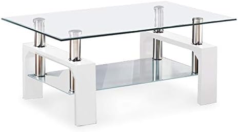 Mecor Rectangle Glass Coffee Table-White Modern Side Coffee Table with Lower Shelf Metal Legs-Suit for Living Room