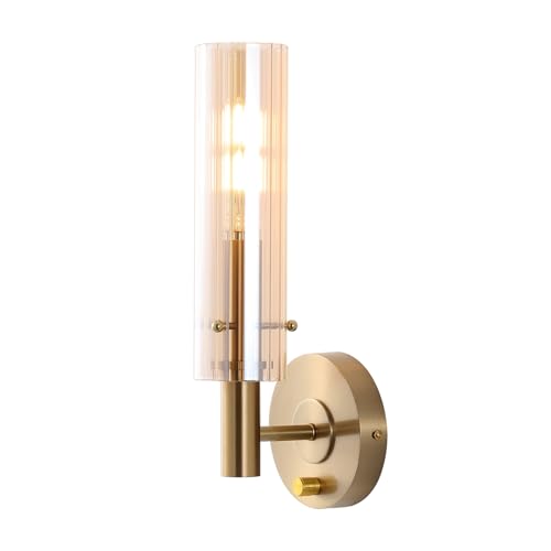 BYOLIIMA Modern Wall Sconces with Striped Amber Glass Shades Gold Brushed Brass Bathroom Vanity Light Fixtures Dimmer ON/Off Switch Indoor Wall Light for Mirror Living Room Bedroom Hallway Staircase by BYOLIIMA - Used condition - US$65.83