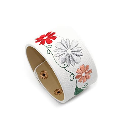 Peas Punk Jewelry Embroidered Flower Pattern Leather Cuff Bracelet(White) #TOP5