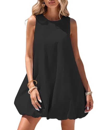Women's Bubble Mini Dress Sleeveless Crewneck Keyhole Tie Back Tank Sundress with Pockets