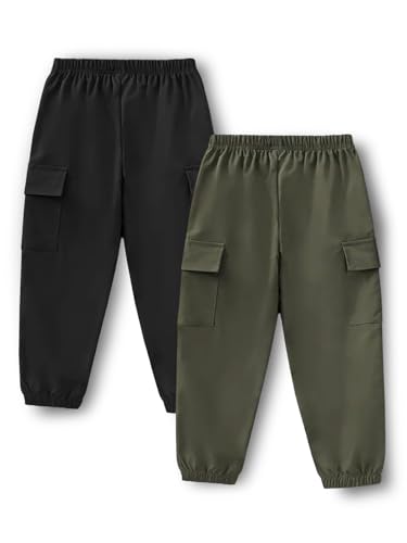 Image of Trampoline Kids Joggers Trackpants Pack of 2 - Black & Green | Knit Cotton Blend Cargo Style Pants for Boys & Girls | Soft Elastic Waist Track Bottoms with Pockets | Comfy Everyday Activewear