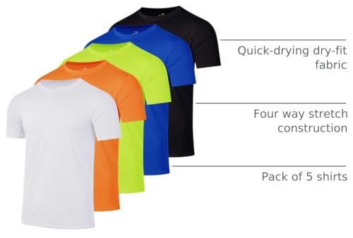 Image of 5 Pack Men's Dry Fit Workout T Shirts Crew Neck Athletic Gym Running Tees | Short Sleeve, Moisture Wicking, Cooling, Stretch, Undershirts, Work, Summer, Hiking, Tennis, Basketball, Sports, Exercise
