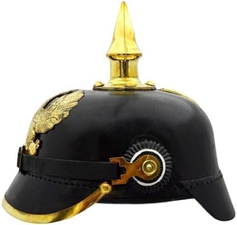 Medieval Replicas Imperial German Spiked Pickelhaube Officer Helmet Authentic Black Leather & Brass Construction Historical Reenactment and Collectible Costume Helmet Adjustable Fit for Adults