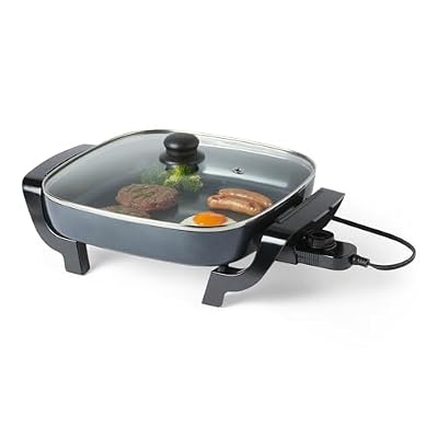 Amazon Basics Electric Skillet and Frying Pan with Glass Lid, Nonstick Ceramic Coating, Adjustable Temperature Control, 15.6 x 12.1 x 6.9 inch, Black