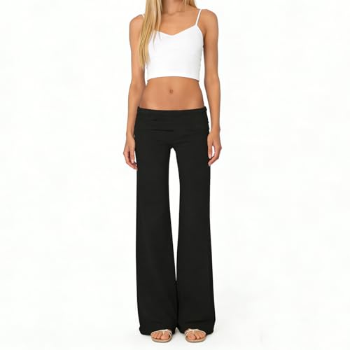 Image of Lounge Yoga Pants for Women Fold Over Low Waist Wide Leg Bell Bottoms | Y2K Foldover Pants, Flare Leggings, Low Rise Yoga Sweatpants