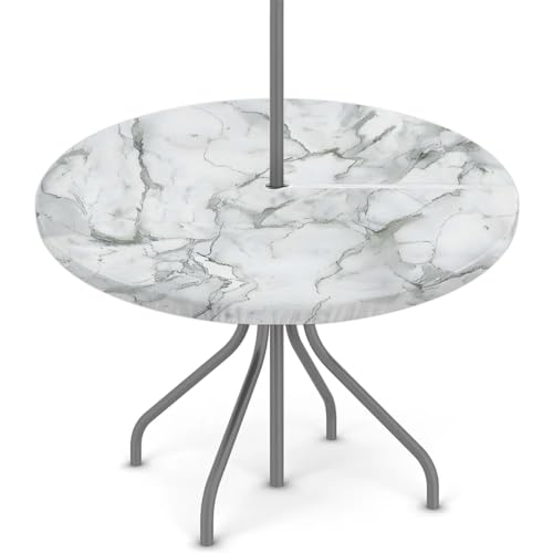 Tablerazzi Marble Round Outdoor Tablecloth with Umbrella Hole and Zipper Grey White Fitted Tablecloth Wipeable Table Cloth for Picnic Garden, 36''-44''