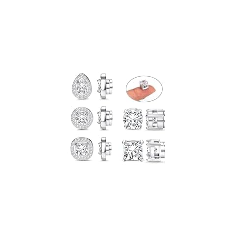 Florideco 5Pairs Stainless Steel Magnetic Stud Earrings for Women Non-piercing CZ Hypoallergenic Clip On Stud Earrings Round Square Teardrop Faux Diamond Halo Magnetic Earrings Set Cover