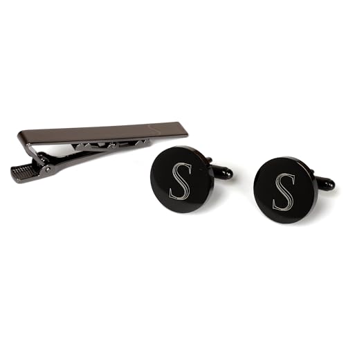 Image of Mens Initial Cufflinks and Tie Clip A-Z Alphabet Letter Black Stainless Cuff Links Tie Bar with Engraved Walnut Wood Box Groom Groomsman Wedding Set