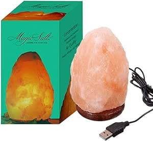 Lámpara USB de sal del Himalaya - ROSA NATURAL - Lámpara de escritorio con base de madera y LED. LUZ FIJA