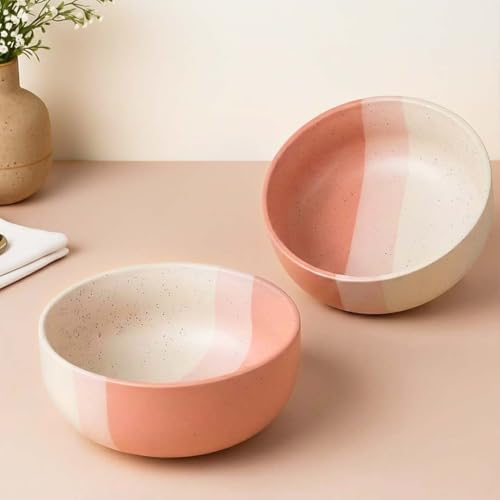 Image of The Earth Store TT Pink Large Ceramic Bowl Set of 2, 800 ML | Microwave & Dishwasher Safe Serving Bowl | Ideal Use for Salad, Cereal, Noodle, Pasta & Mixing | Home & Restaurant Use