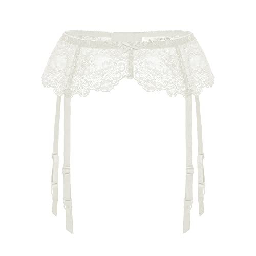 Confonze Women Lace Garter Belt Sexy Suspender Belts for Thigh High Stockings (Large, Creamy White)