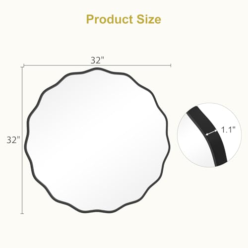 Image of WallBeyond Round Wavy Mirror for Wall Decorative 32 inch, Modern Round Mirror Aluminum Frame for Bathroom Bedroom Living Room Home House Office Entryway, Black