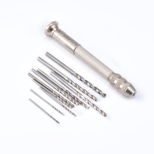 HOHXEN Mini Taladro Manual de 0,3-3,0mm(Plateado) con Juego de 10 Brocas Helicoidales de 0,8-3,0mm, para Perforar Agujeros en Resina, Epoxi, Arcilla, Madera, Joyería, Modelismo, Tallado y Bricolaje