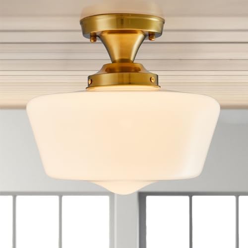youngrender Semi Flush Mount Ceiling Light, Gold Schoolhouse Milk Glass Light Fixture, Vintage Brass Farmhouse Ceiling Light for Kitchen Hallway Entryway Bedroom Dining Room, E26