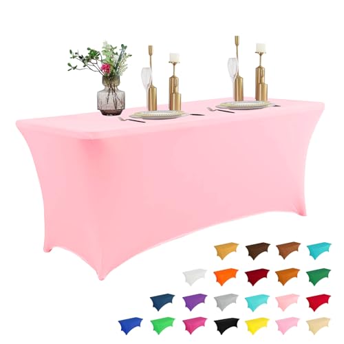Image of IVAPUPU 8FT Table Cloth for Rectangular Fitted Events Stretch Pink Table Covers Washable Cover Spandex Tablecloth Protector for Party, Wedding, Cocktail, Banquet, Festival