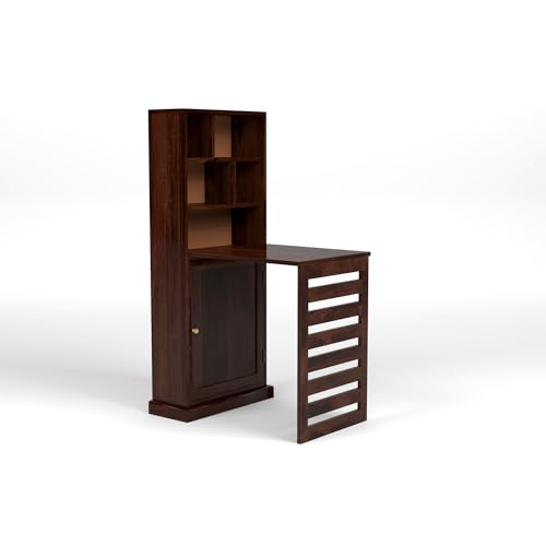 Image of Solid Sheesham Wood Foldable Study Table with Bookshelf & Storage Cabinet | Rosewood Study Desk for Home & Office (A-Walnut Finish)