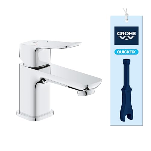 GROHE Dice, Waschtischarmatur klein, wassersparend (Wasserhahn für das Bad, Badarmatur mit Zugstangen-Ablauf, 12cm hoch, mit 3in1 Werkzeug, einfache Installation am Waschbecken), chrom, 1018550000