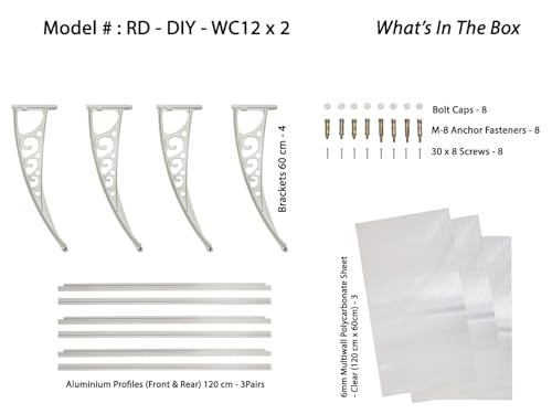 Image of CHENNAI Window Blinds and Shades DIY Polycarbonate Awning (Engineered Plastic Brackets) Window Sunshade Door Weather Shed Rain Canopy Awnings - 12'Widthx2'Depth (White Brackets & Clear Sheets)