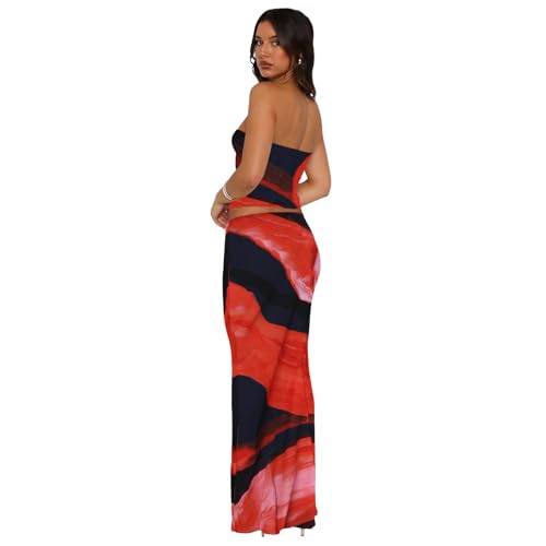 Image of Goafuliy 2 Piece Skirt Sets for Women Summer, Floral Sleeveless Tube Top Bodycon Maxi Skirts Y2k Vacation Going Out Outfits