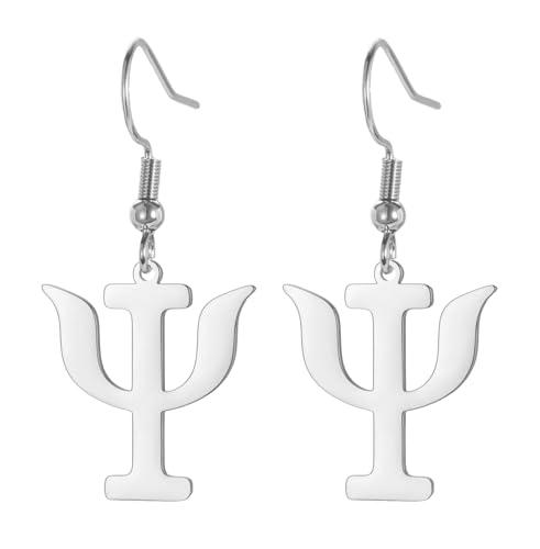 Pendientes de aro con símbolo psicológico para mujer, con alfabeto griego, psicología, psiquiatría, signo médico, joyería, psicoterapeuta, regalo para psicólogos, M, Acero inoxidable, Sin piedra