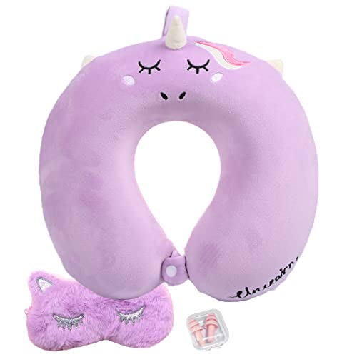 JFAN Almohadas de Viaje Almohada Cervical de Espuma viscoelástica Almohada de Viaje con Antifaz Y Tapones para Los OíDos PatróN de Dibujos Animados，Talla única Púrpura
