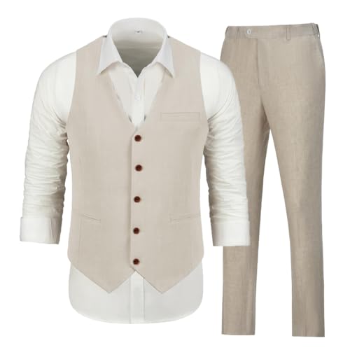 Men's Linen 2 Piece Suit Slim Fit Prom Beach Wedding Groomsman Suits Vest Pants Set Casual Summer Linen Outfit2