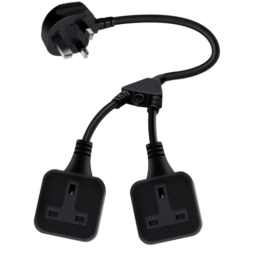 HuaLiSiJi 2 Way Extension Lead with Short Cable 13A 250V Double Socket Extension Lead for Home, Office (Black, 35 cm)