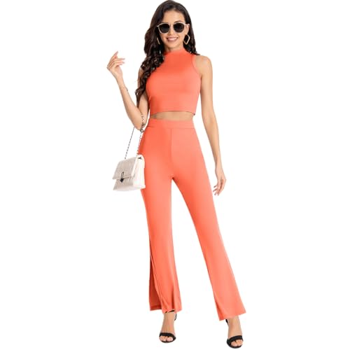 2 Piece Outfits for Women Ribbed Knit Crew Neck Sleeveless Cropped Top Elastic Waist Wide Leg Pants Lounge Sets Small Orange