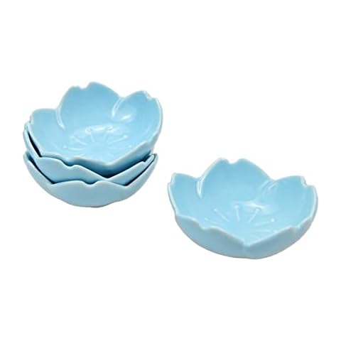 WAIT FLY Beautiful 3 Inch Sakura Shaped Ceramics Seasoning Dishes/Tea Bag Holders/Ketchup Saucer/Appetizer Plates/Vinegar Spice Salad Soy Sushi Wasabi Seasoning Dipping Bowls, Blue, Set of 4 Cover