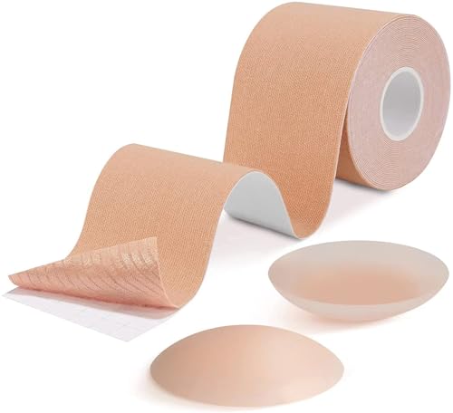 Boob Tape, Bob Tape for Large Breasts, Booby tape 5M Boobtapes with 2pcs Reusable Nipple Covers, Adhesive Bra Strapless bras Stick on Bra Invisible Body Tape for Breast Lift Tape for Breasts A-G Cup