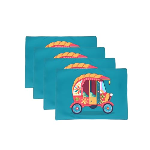 Image of DiningTable Mats Set of 4 - Auto Vibrant Cultural Theme,Digital Print, Washable, Indoor /Outdoor, Heat-Proof, Water Resistant, Wipe & Clean (47X33 cm) Green & Pink